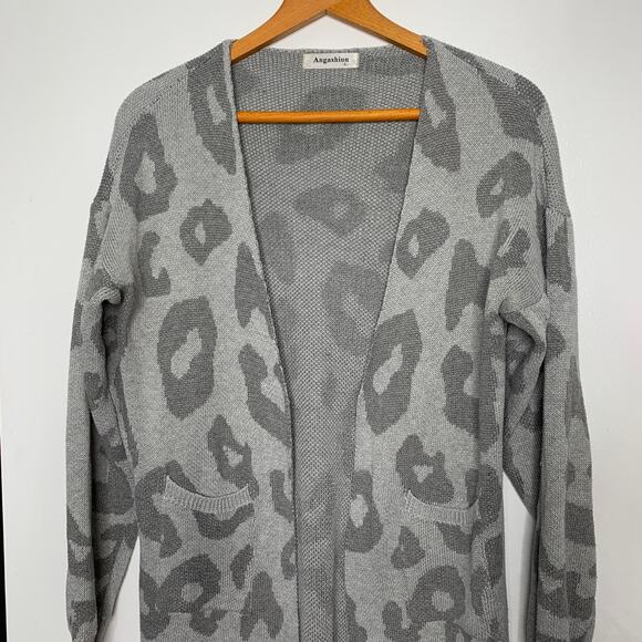 Amazon Brand gray leopard print longline duster length cardigan sweater SZ L - Picture 3 of 10